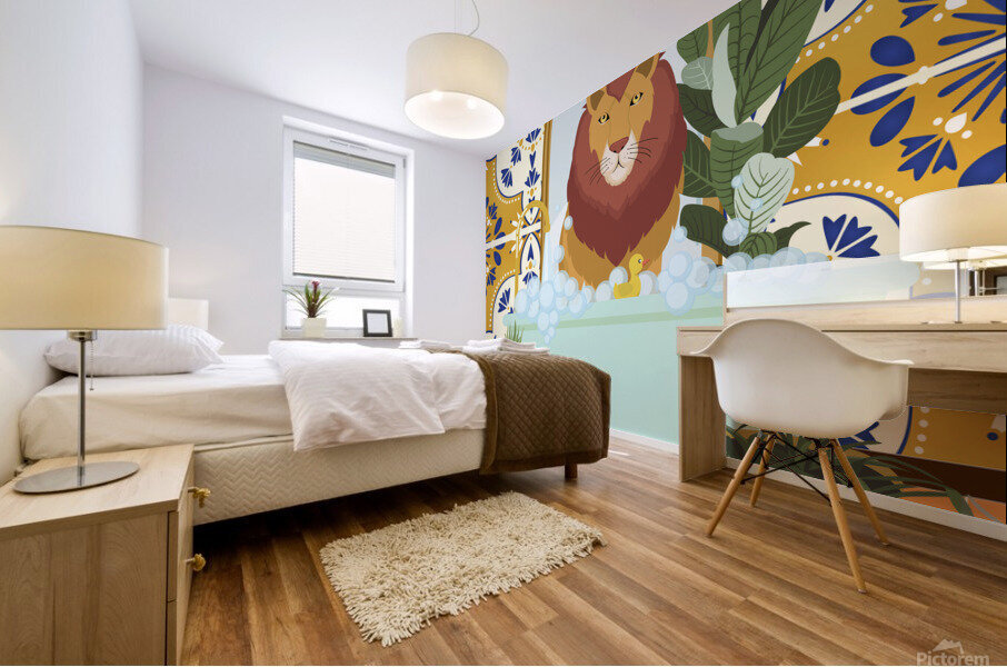Lion Taking a Bath Mural print