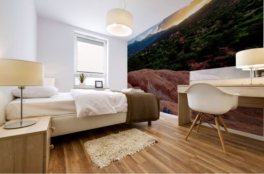 Feet On The Mountain Ledge At Sunset Mural print