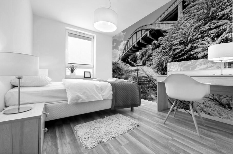 Railroad Tracks Under Cotter Bridge Grayscale Mural print