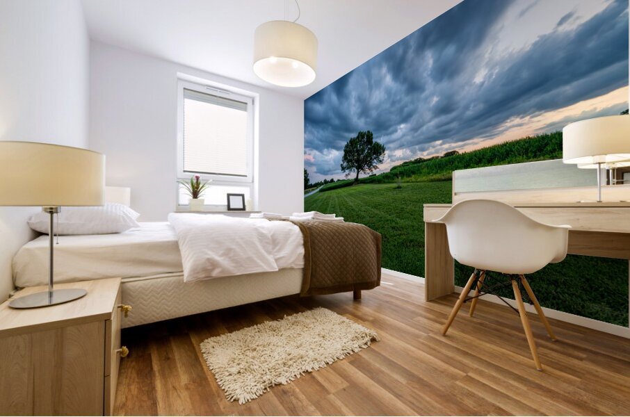 Country Road And Oak Tree Sunset Mural print