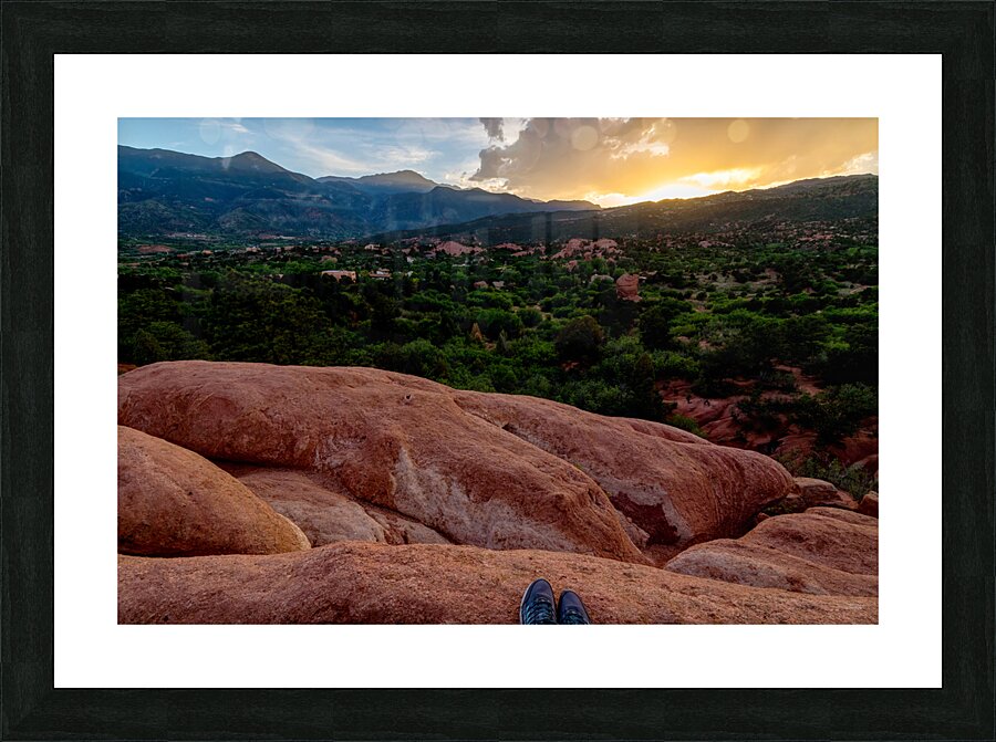 Feet On The Mountain Ledge At Sunset Picture Frame print