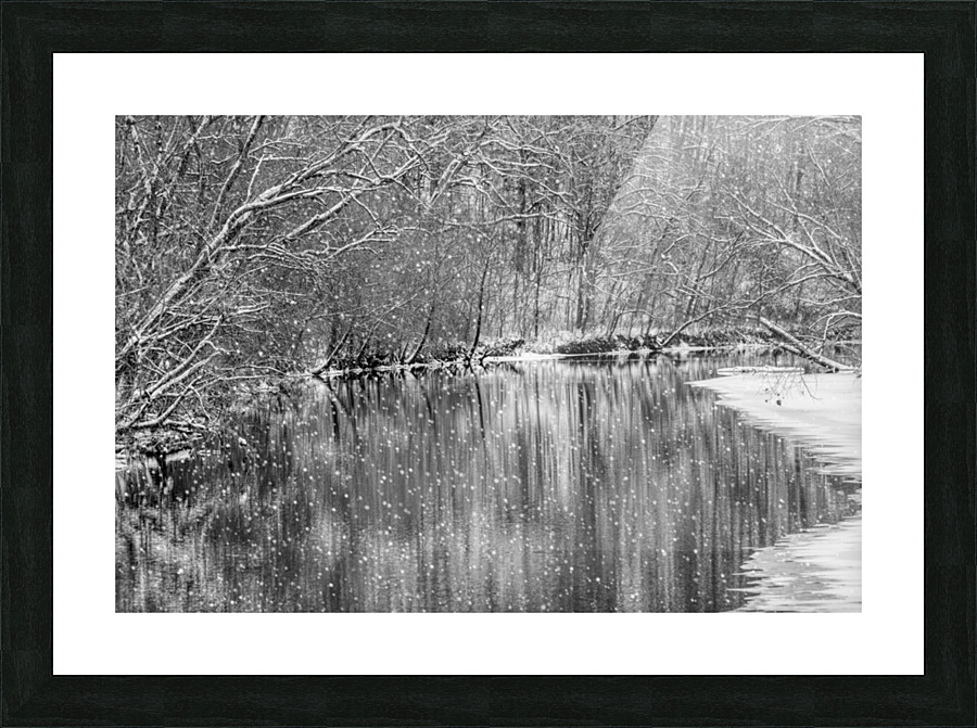 Finley River Snowfall Grayscale Picture Frame print