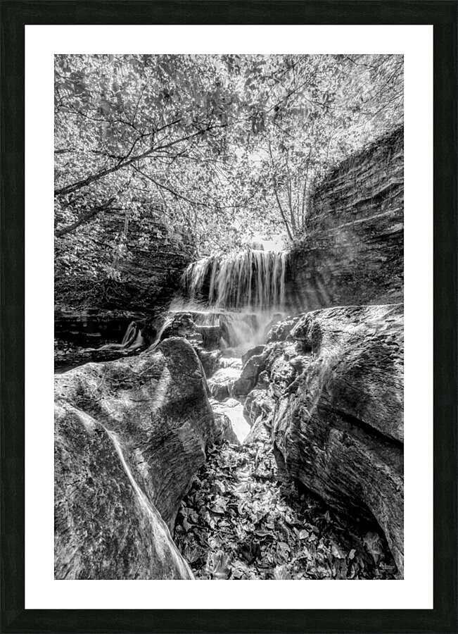 Tanyard Waterfall Through The Rocks Grayscale Picture Frame print