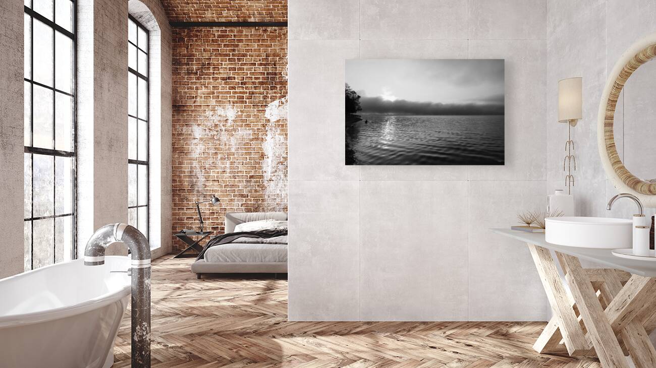 Mystical Foggy Lake Morning Grayscale Reproduction