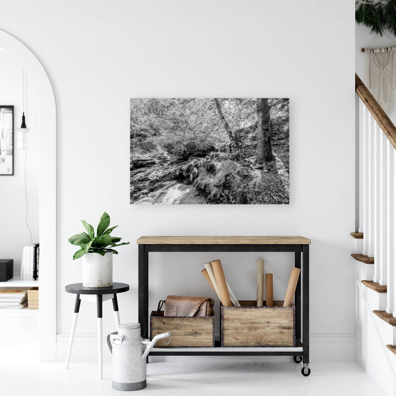 Tanyard Creek Waterfall In The Woods Grayscale Reproduction
