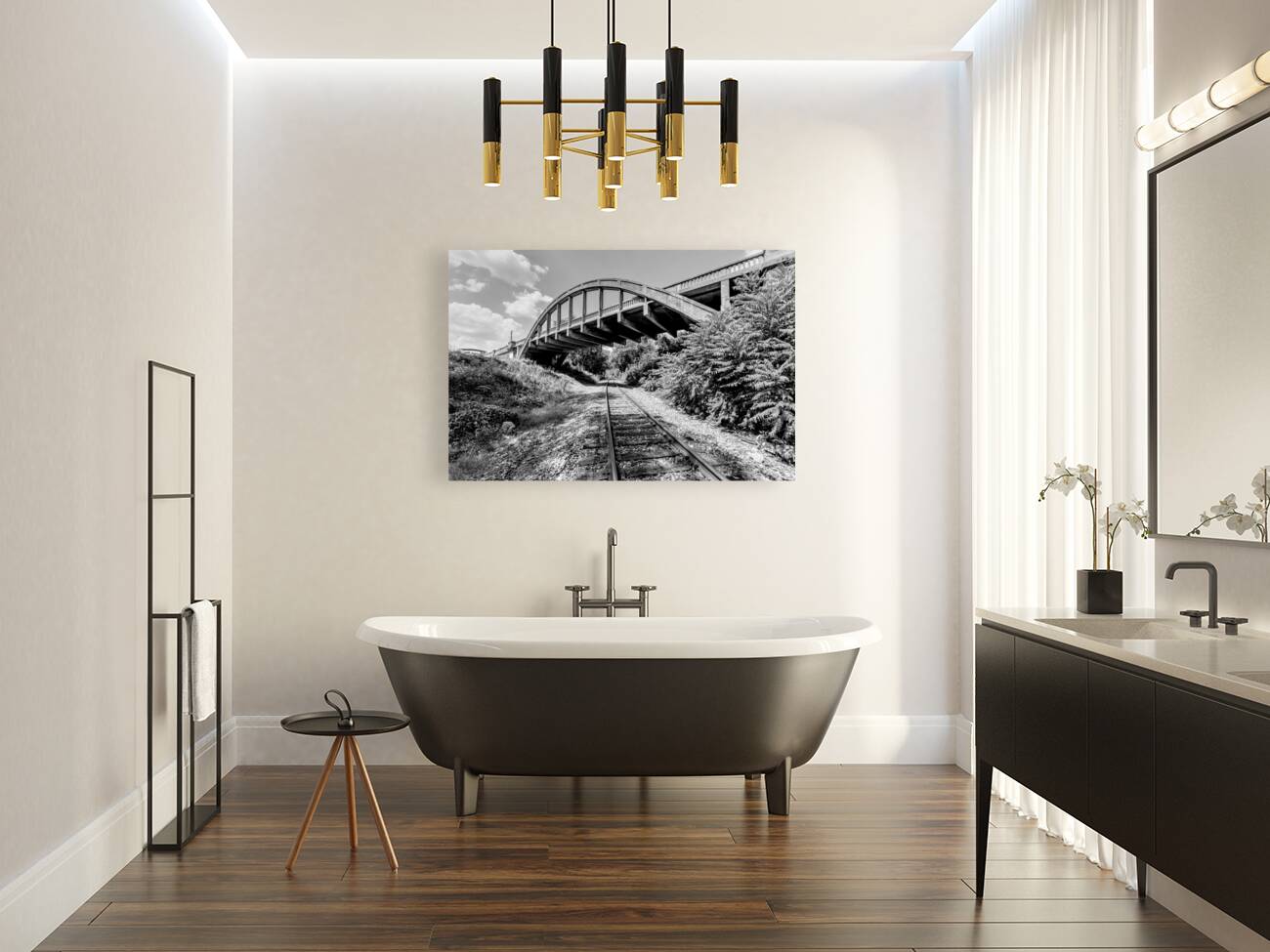 Railroad Tracks Under Cotter Bridge Grayscale Reproduction