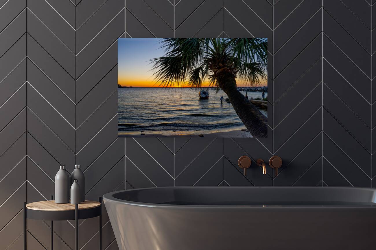 Gulf Breeze Palm Tree And Sailboat Sunset Reproduction