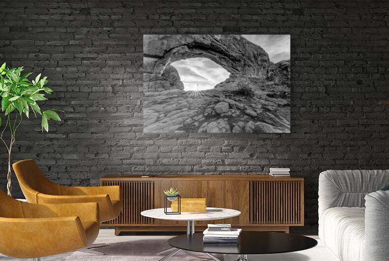 Arches South Window Sunburst Hike Grayscale by Jennifer White