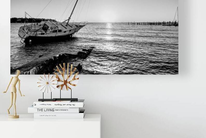 Gold Hour Leaning Sailboat  Florida Sunset Grayscale by Jennifer White