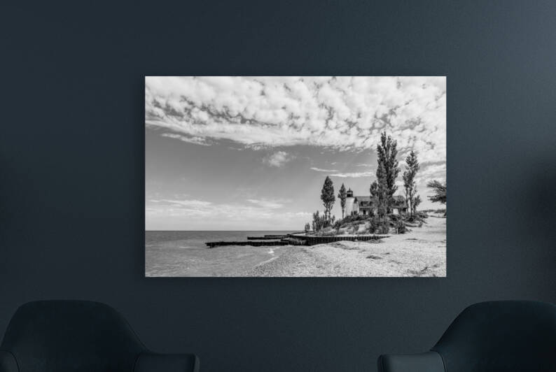 Point Betsie Lighthouse On Lake Michigan Grayscale by Jennifer White