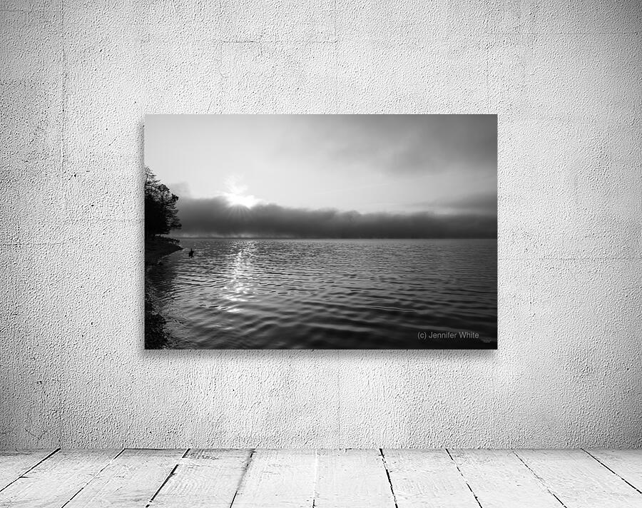 Mystical Foggy Lake Morning Grayscale Wall Preview