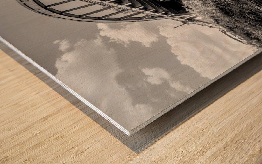 Railroad Tracks Under Cotter Bridge Grayscale Wood print