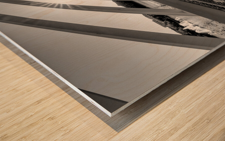 Omaha Farnam Pier Evening Sunburst Grayscale Wood print