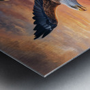 An eagle appears soaring against the backdrop of a stunning sunrise with its majestic wings Metal print