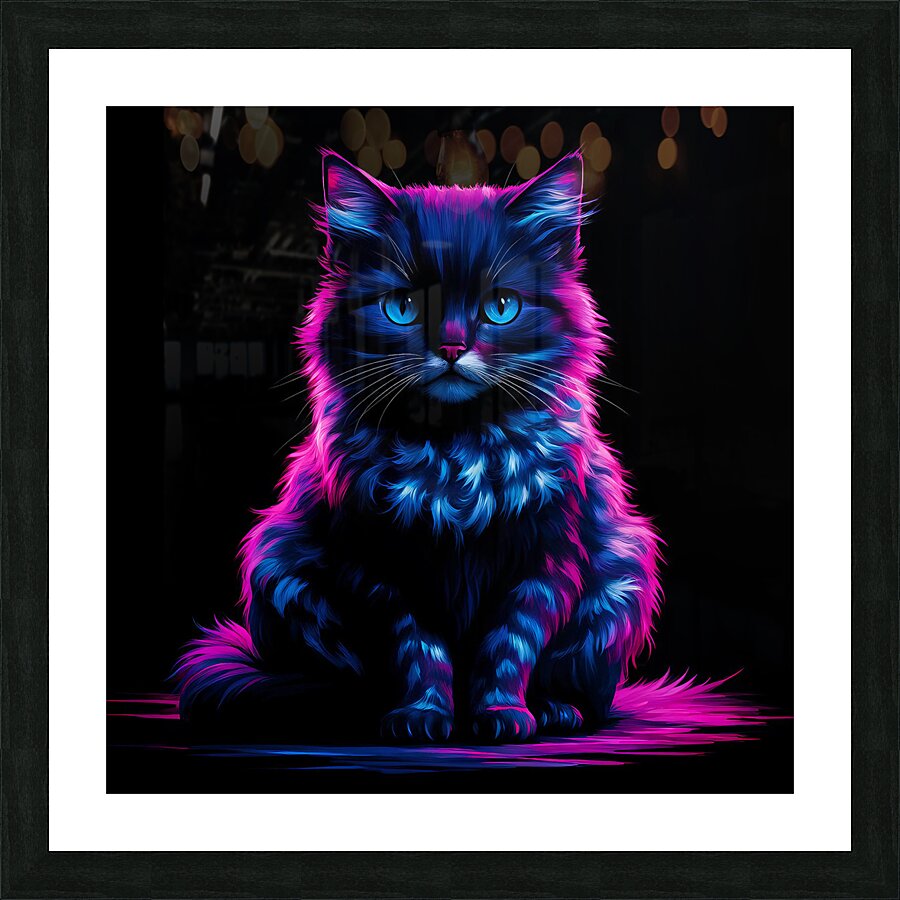 A vibrant neon-illuminated depiction of a cat. The cat has a dark Picture Frame print