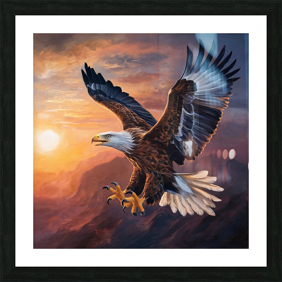 An eagle appears soaring against the backdrop of a stunning sunrise with its majestic wings Picture Frame print