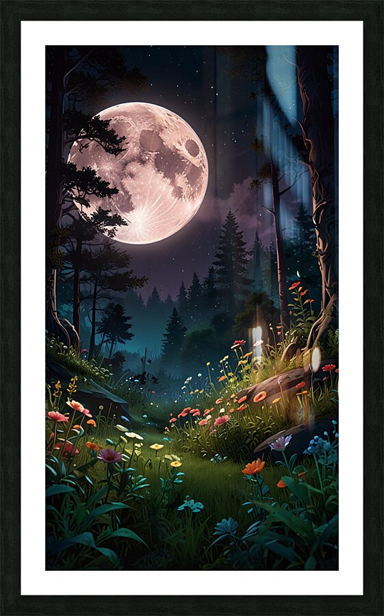 A forest filled with vibrant flowers and lush greenery all lit by the soft glow of the moon.  Picture Frame print