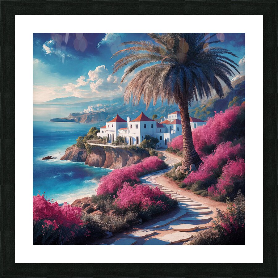Tranquil coastal scene A tall palm tree stands prominently on the beach Picture Frame print