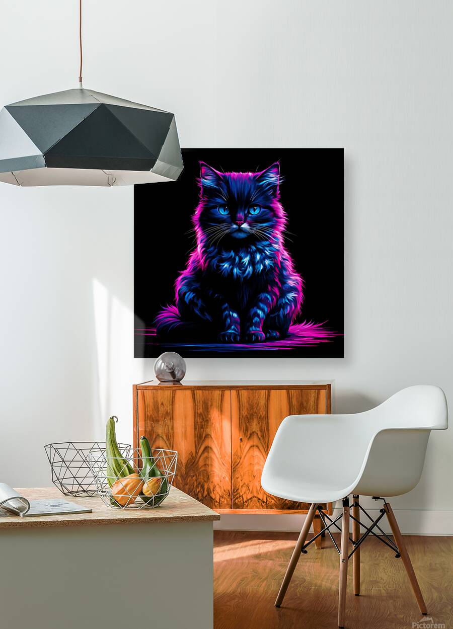 A vibrant neon-illuminated depiction of a cat. The cat has a dark Reproduction