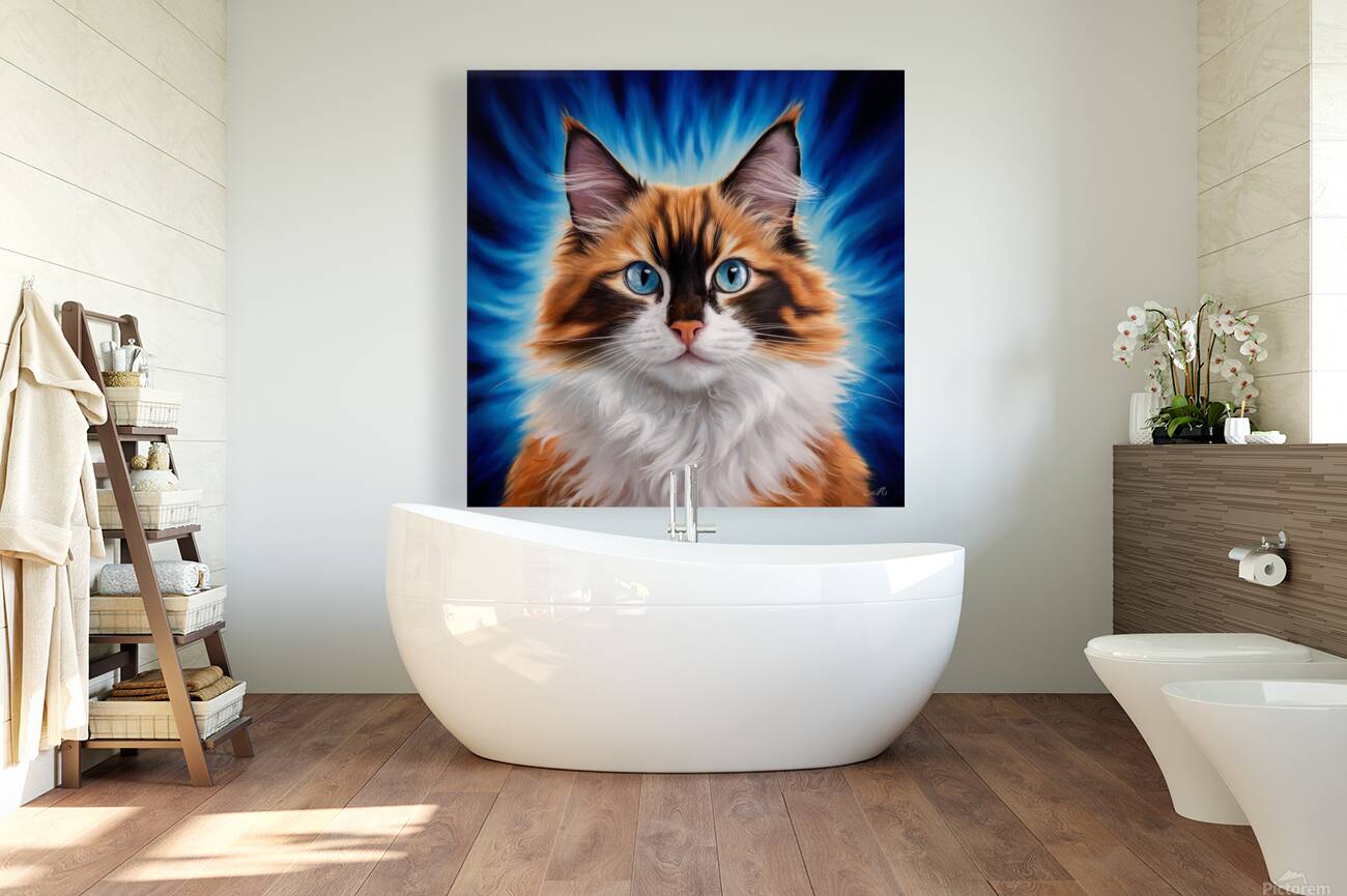 A majestic cat with a mixture of orange and white fur. Her stunning blue eyes are the focal point Reproduction