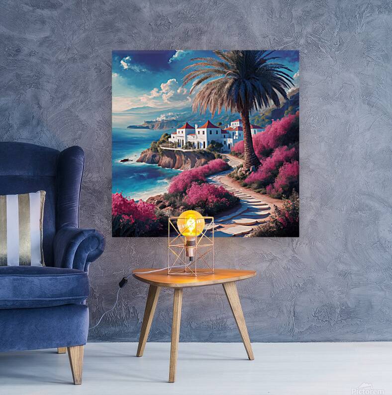 Tranquil coastal scene A tall palm tree stands prominently on the beach Reproduction