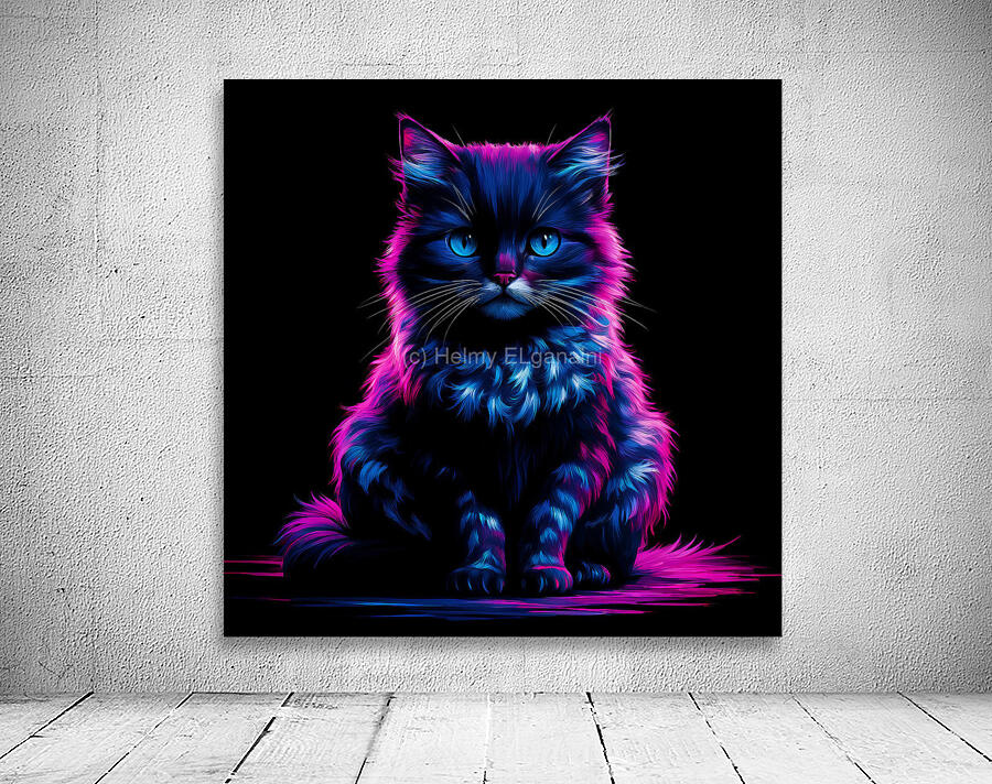 A vibrant neon-illuminated depiction of a cat. The cat has a dark Wall Preview