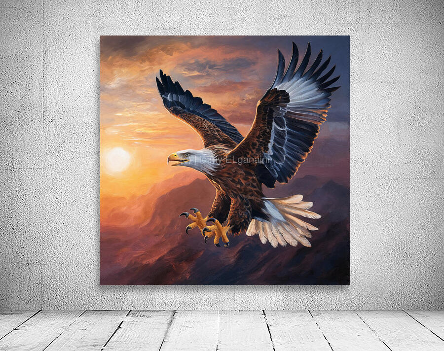 An eagle appears soaring against the backdrop of a stunning sunrise with its majestic wings Wall Preview
