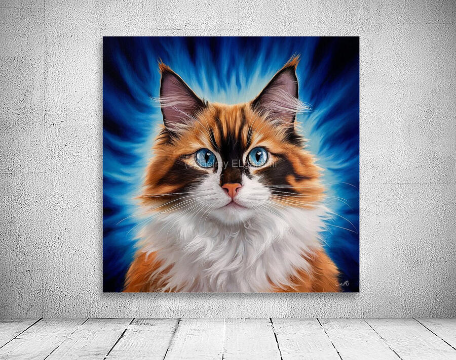 A majestic cat with a mixture of orange and white fur. Her stunning blue eyes are the focal point Wall Preview