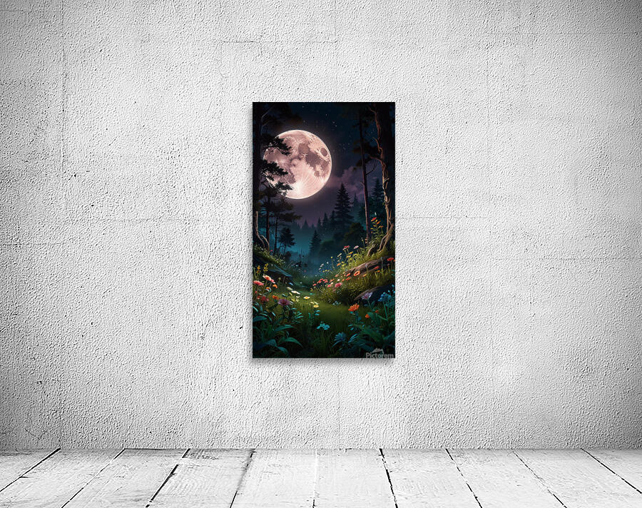 A forest filled with vibrant flowers and lush greenery all lit by the soft glow of the moon.  Wall Preview