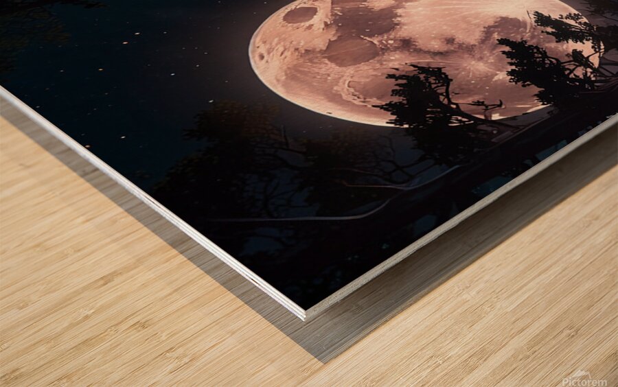 A forest filled with vibrant flowers and lush greenery all lit by the soft glow of the moon.  Wood print