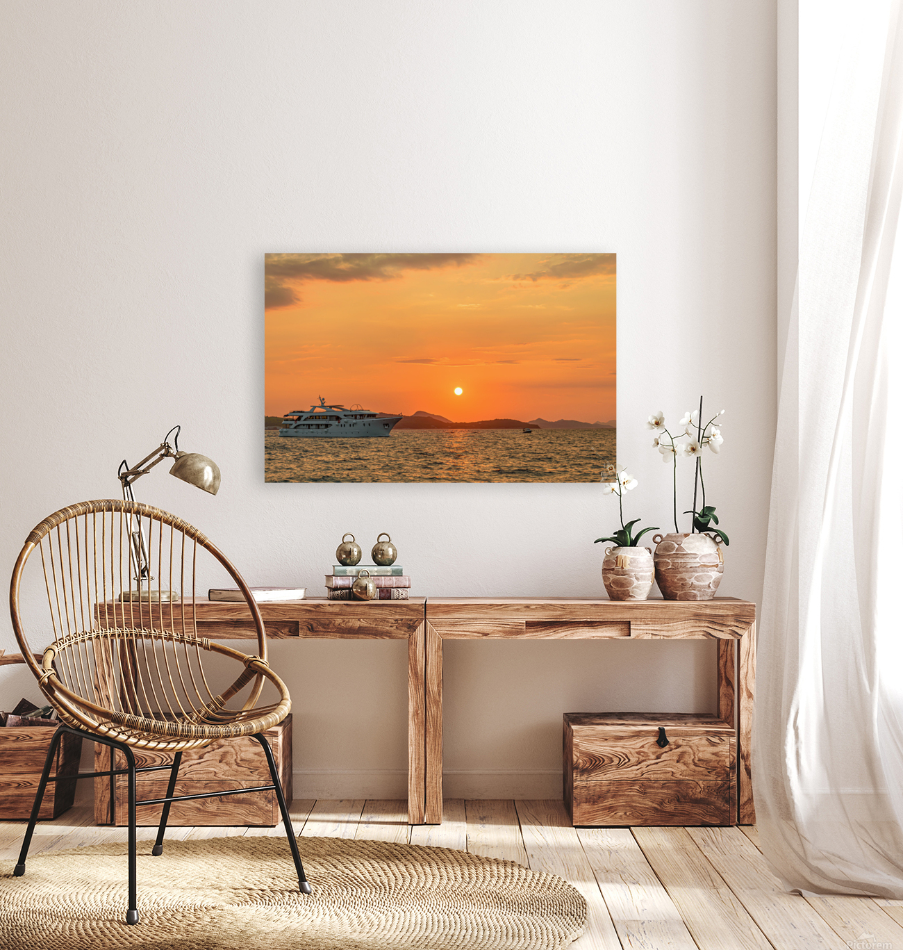 Ship sailing at sunset Reproduction