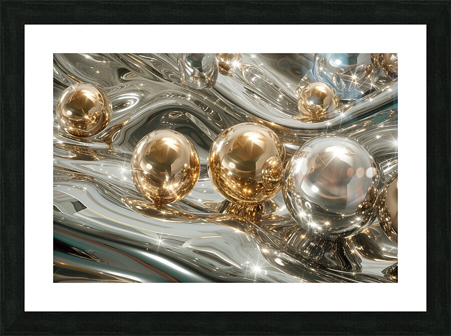 Gold and silver spheres on the smooth metallic waves Picture Frame print