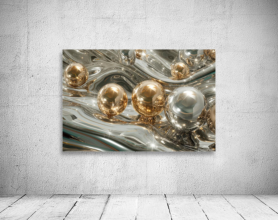 Gold and silver spheres on the smooth metallic waves Wall Preview