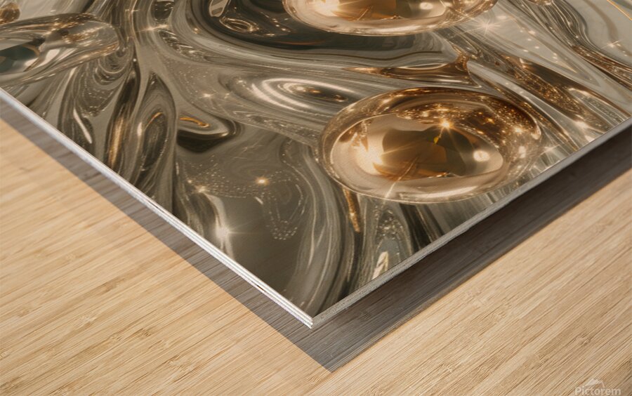 Gold and silver spheres on the smooth metallic waves Wood print
