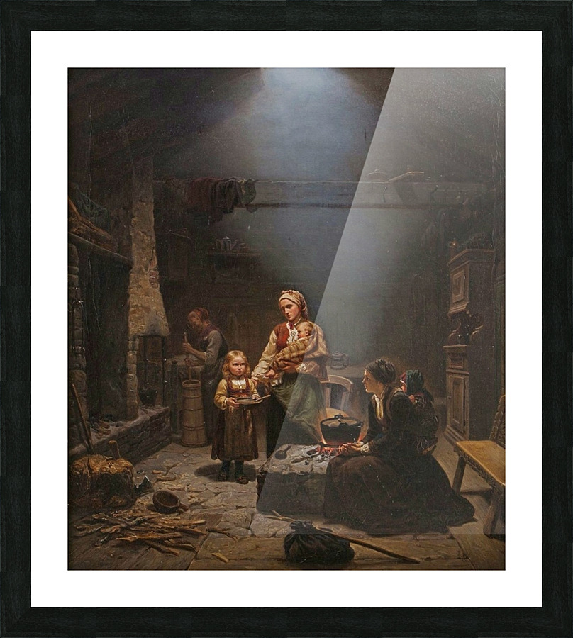 A family around their dinner table Picture Frame print