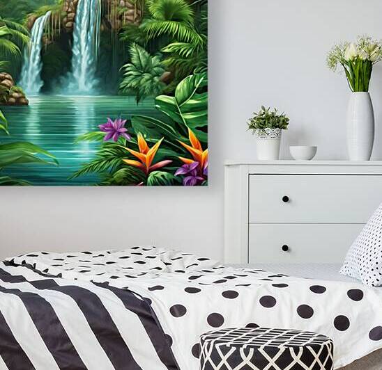  Enchanting waterfall in a lush jungle surrounde by moneka