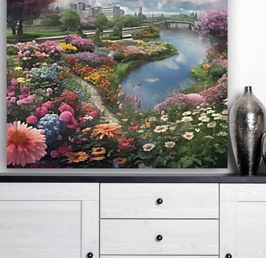 image of a beautiful flower garden situated at a bank of river far camera perspective highly detailed cloud visible high contrast image by moneka