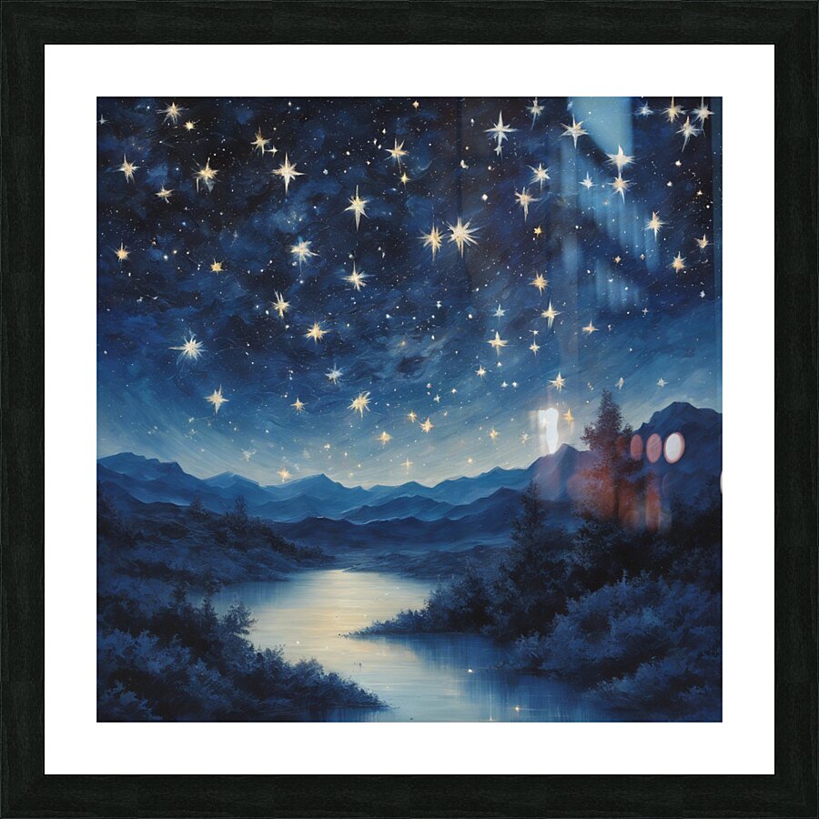 Gaze upon the heavens with this celestial masterpiece. Stars twinkle against a backdrop of deep indigo inviting viewers to lose themselves in the vastness of space and time. Picture Frame print