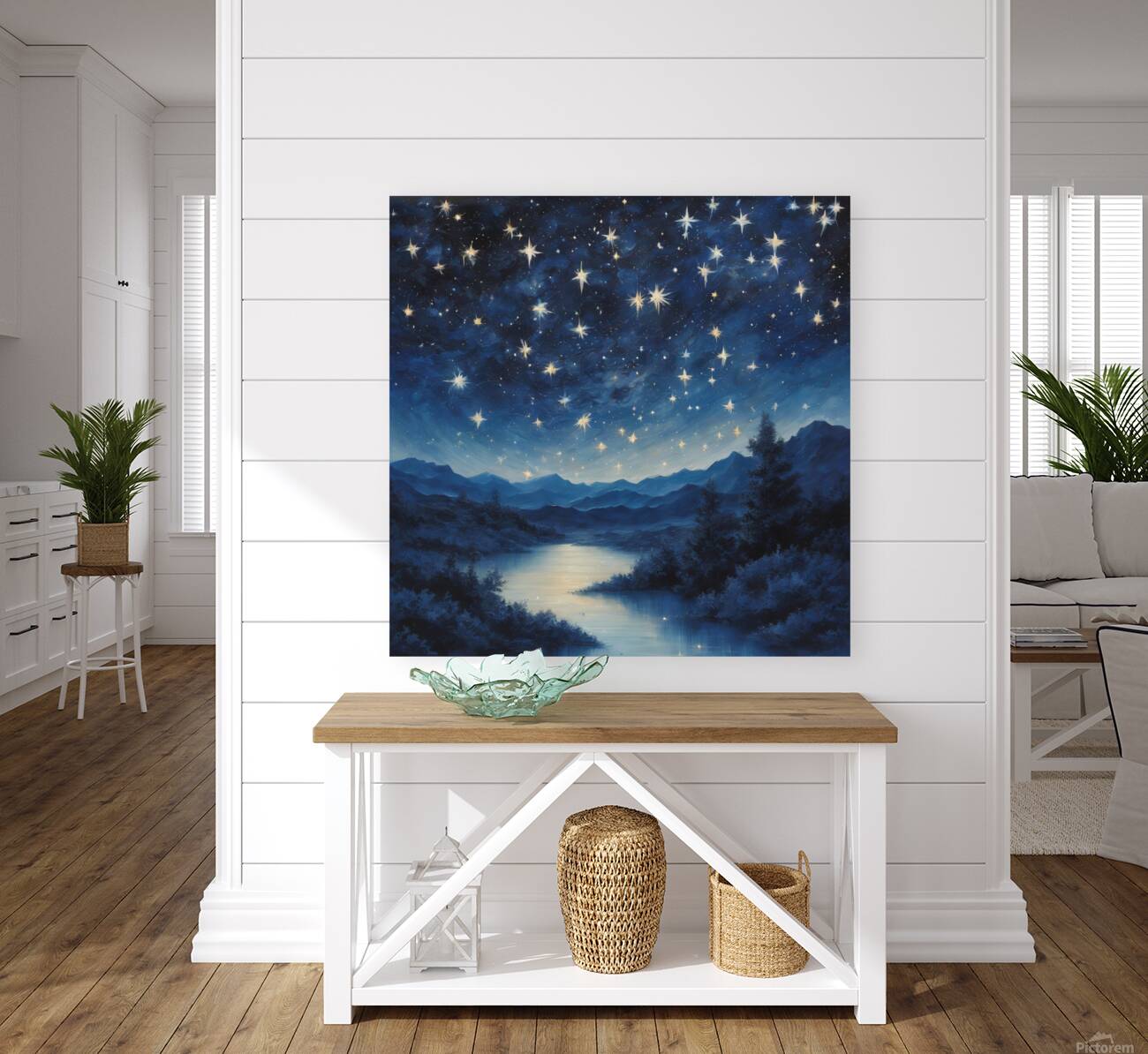 Gaze upon the heavens with this celestial masterpiece. Stars twinkle against a backdrop of deep indigo inviting viewers to lose themselves in the vastness of space and time. Reproduction