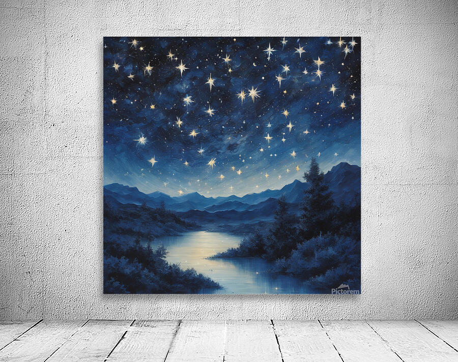 Gaze upon the heavens with this celestial masterpiece. Stars twinkle against a backdrop of deep indigo inviting viewers to lose themselves in the vastness of space and time. Wall Preview
