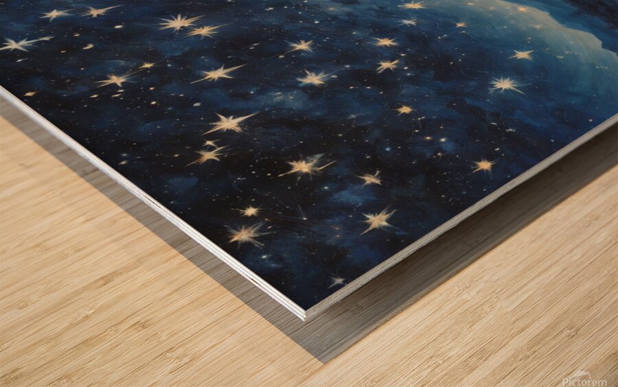 Gaze upon the heavens with this celestial masterpiece. Stars twinkle against a backdrop of deep indigo inviting viewers to lose themselves in the vastness of space and time. Wood print