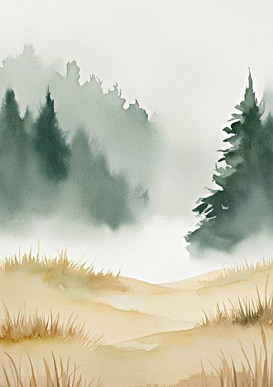 Misty Meadow Serenity: Watercolor Landscape Art by Bothaina ALsomain