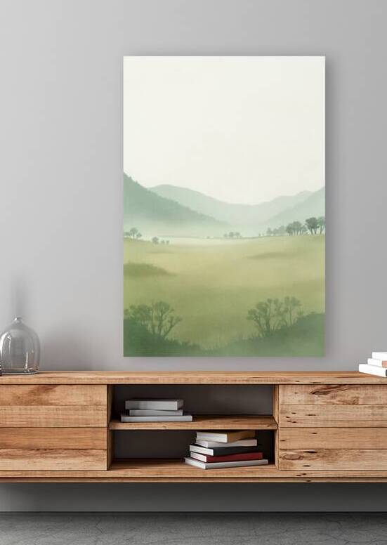 Nature’s Embrace: Misty Meadow Watercolo by Bothaina ALsomain
