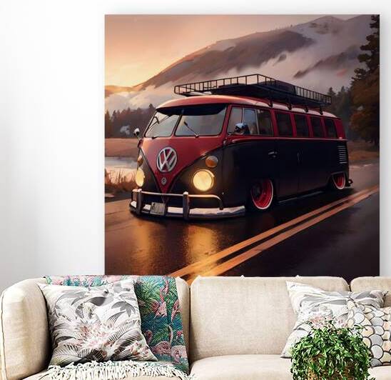 Red Retro VW Bus - Mountain Lakefront by Wrenchin  Dubs