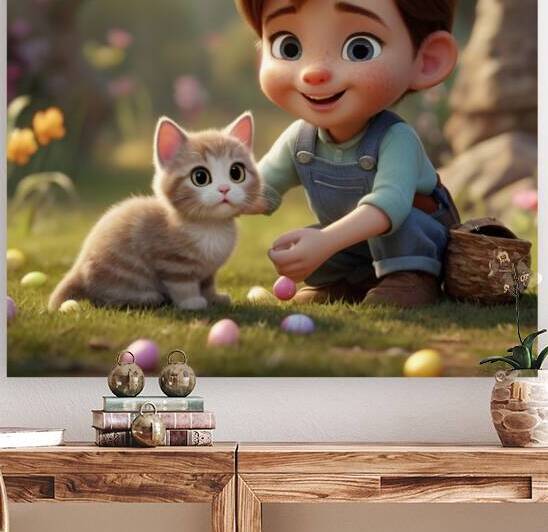 cute cat in an easter sunday hunting egg by jack pote