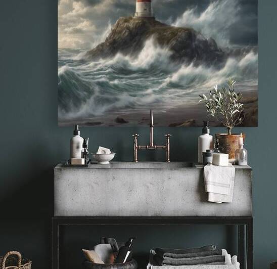 386149 Lighthouse on a stormy beach surrounded by by ProLuca