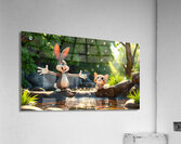 The rabbit teaches the kitten to swim Acrylic Print
