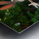 The rabbit teaches the kitten to swim Metal print