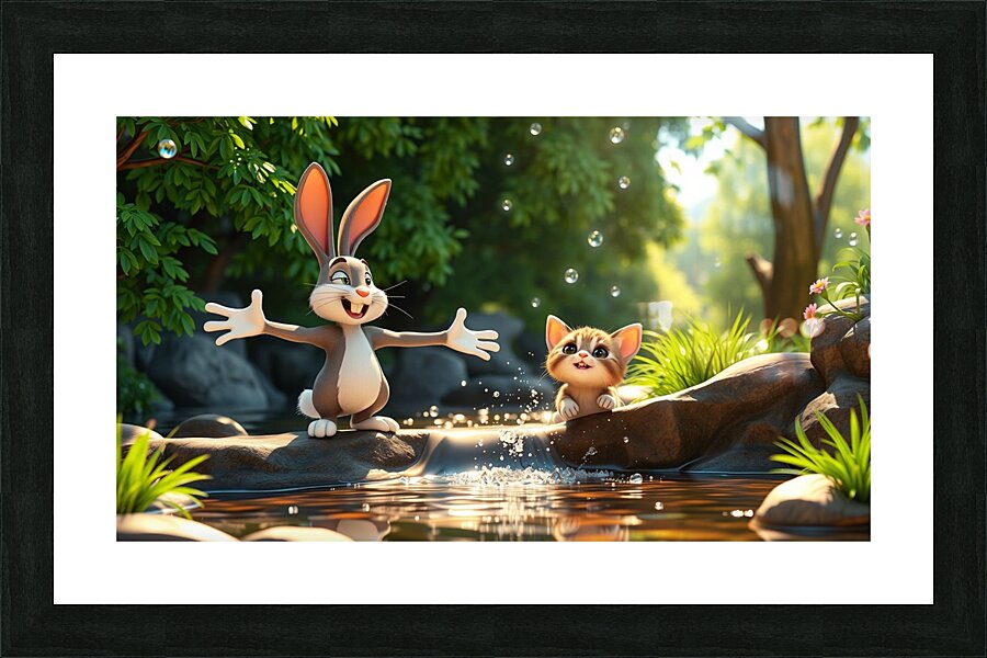 The rabbit teaches the kitten to swim Picture Frame print