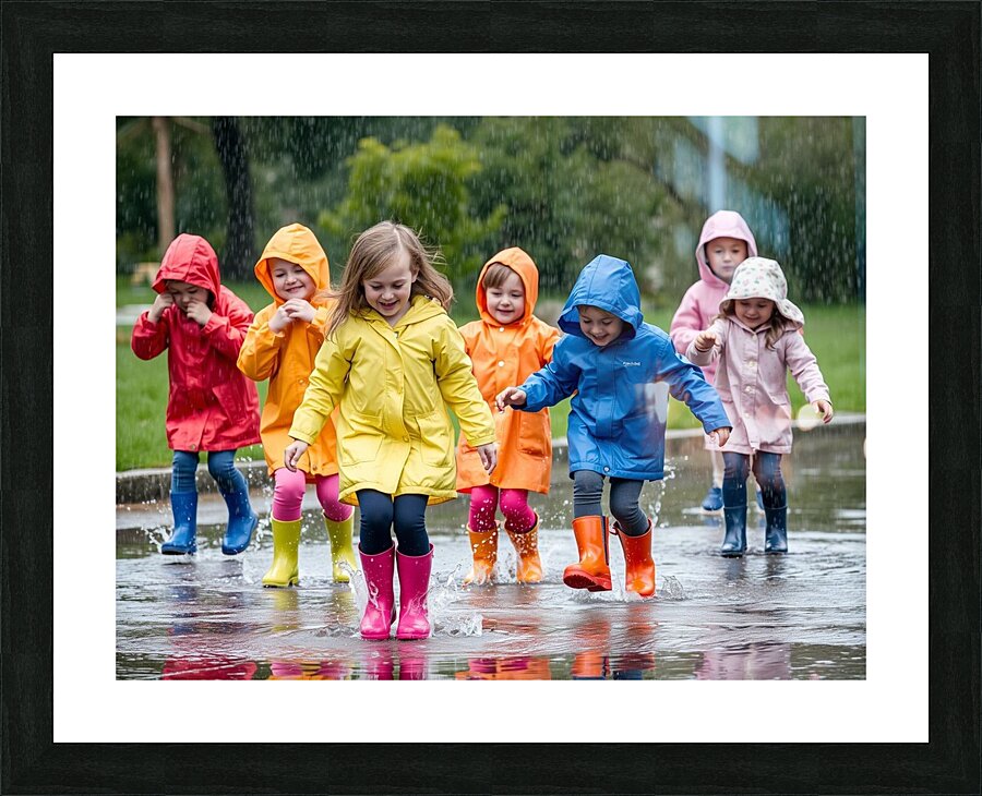 A Group of Children Playing in the Rain Jumping in Puddles Picture Frame print